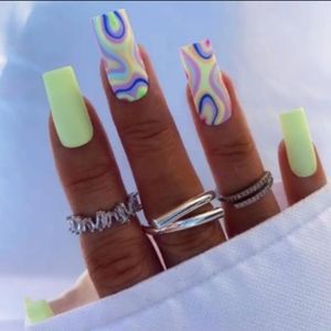 24pcs Fluorescent Green Multi-color  Press On Nails